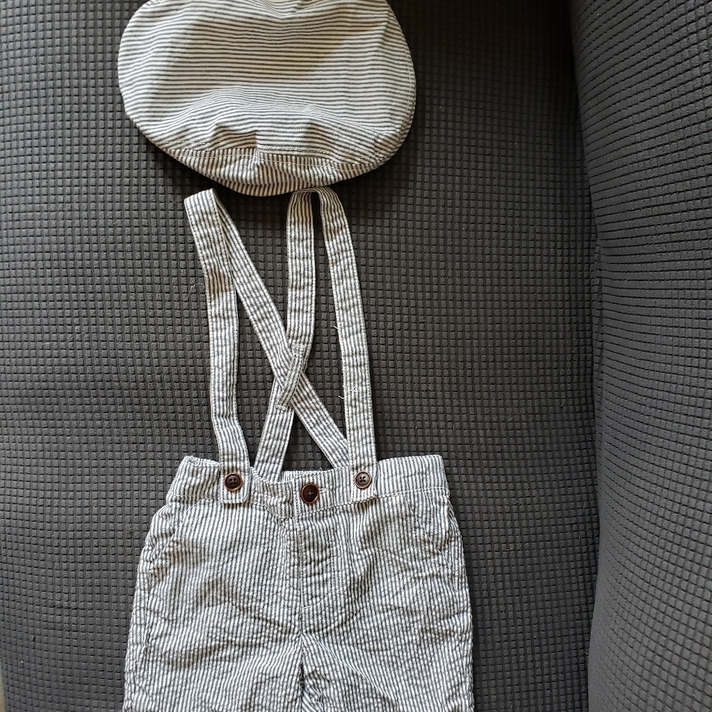 Gymboree Seersucker Suspender Shorts and Newsboy Cap